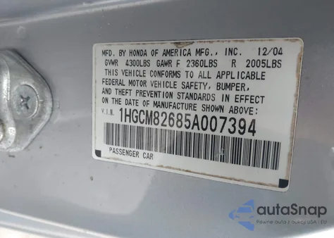 2005 Honda Accord 3.0 Ex из США, поврежденный, VIN 1HGCM82685A007394